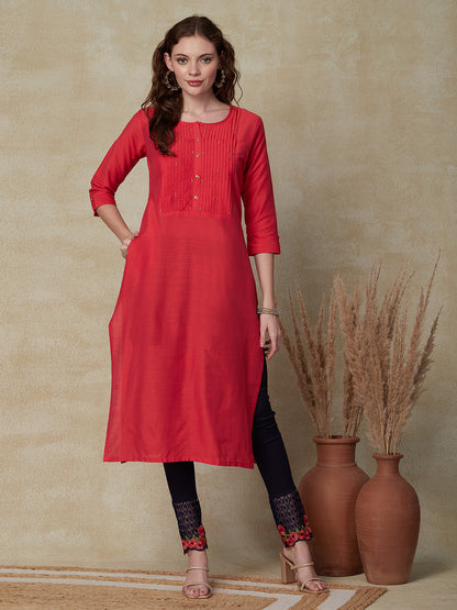 Solid Zari Embroidered Pin-tucks Kurta - Coral Red