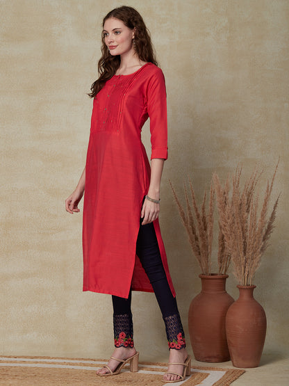 Solid Zari Embroidered Pin-tucks Kurta - Coral Red