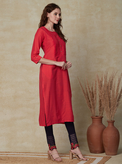 Solid Zari Embroidered Pin-tucks Kurta - Coral Red