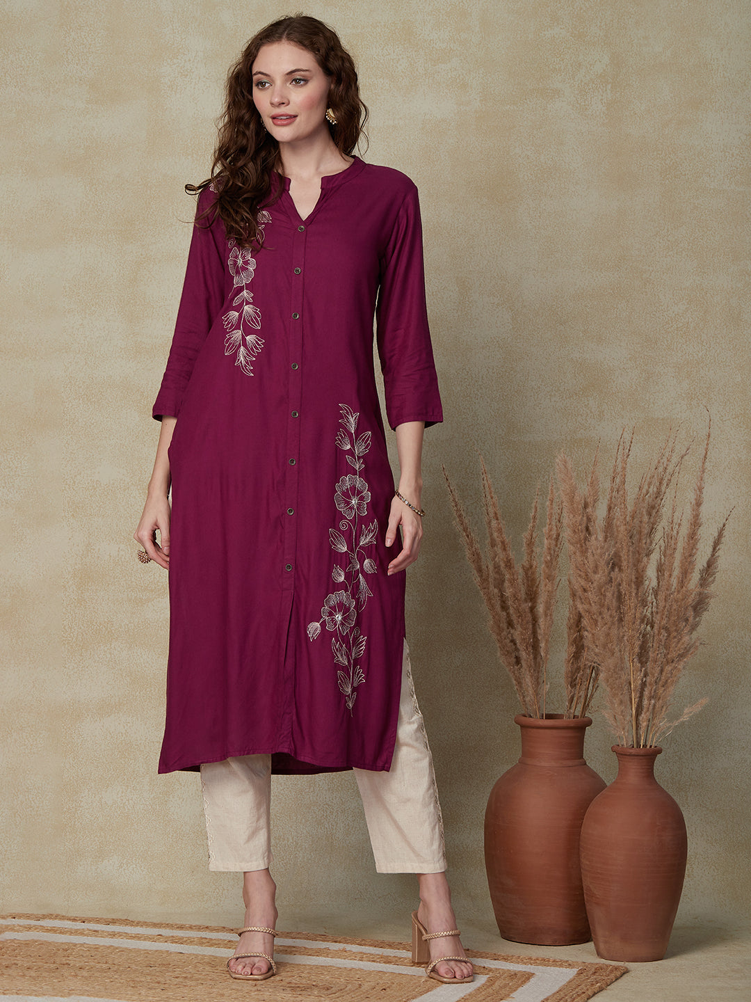 Solid Floral Mirror, Resham & Zari Embroidered Kurta - VioletSolid Floral Mirror, Resham & Zari Embroidered Kurta - Violet