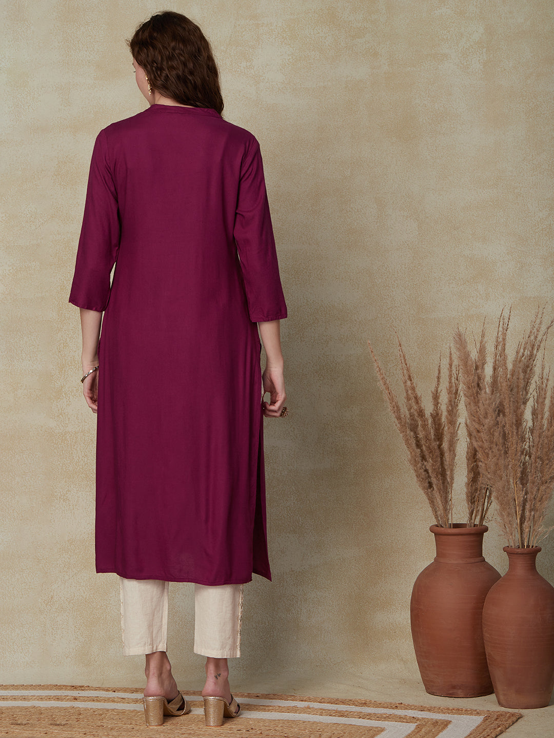 Solid Floral Mirror, Resham & Zari Embroidered Kurta - VioletSolid Floral Mirror, Resham & Zari Embroidered Kurta - Violet