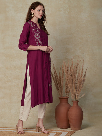 Solid Floral Mirror, Resham & Zari Embroidered Kurta - VioletSolid Floral Mirror, Resham & Zari Embroidered Kurta - Violet