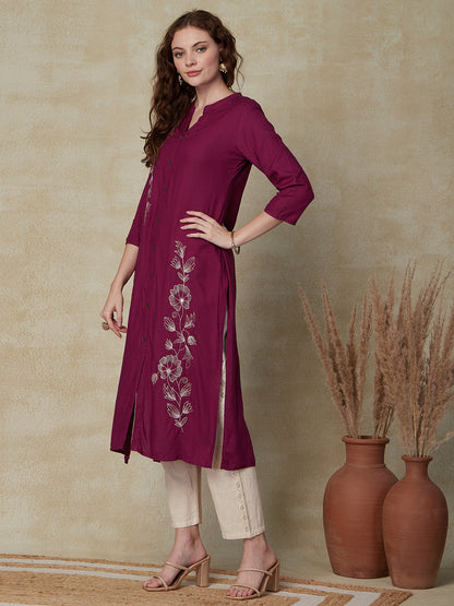 Solid Floral Mirror, Resham & Zari Embroidered Kurta - VioletSolid Floral Mirror, Resham & Zari Embroidered Kurta - Violet