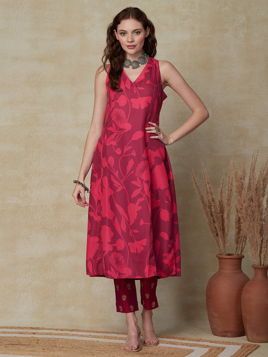Floral & Abstract Printed A-line Kurta - Pink