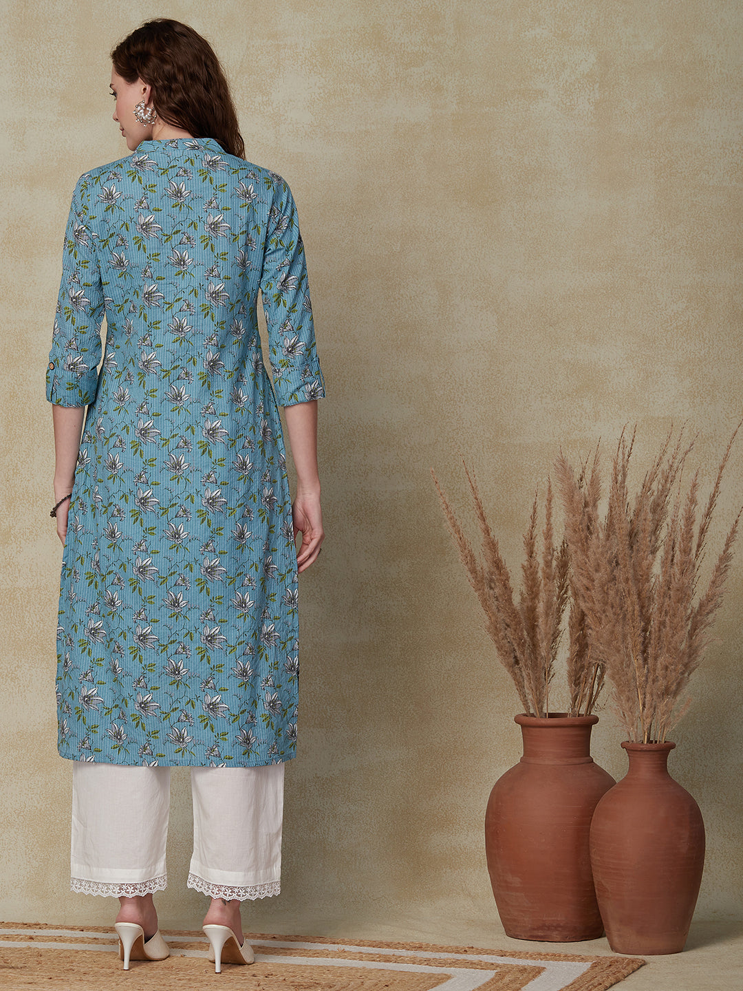 Floral Printed Woven Striped Wooden Buttoned Kurta - Blue