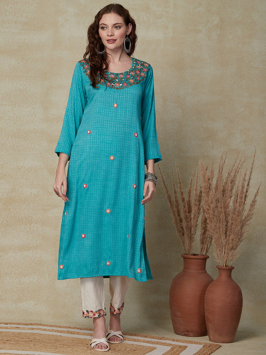 Solid Woven Buti Design Resham & Sequins Embroidered Kurta - Sea Green