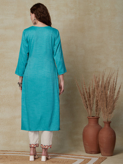 Solid Woven Buti Design Resham & Sequins Embroidered Kurta - Sea Green