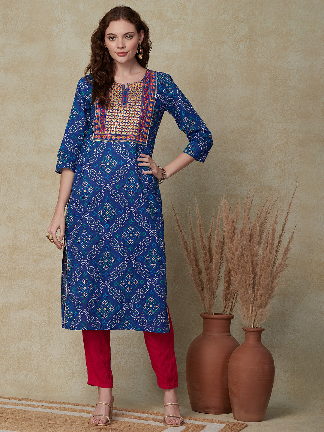 Ethnic Bandhani Printed Resham & Zari Embroidered Kurta - Blue