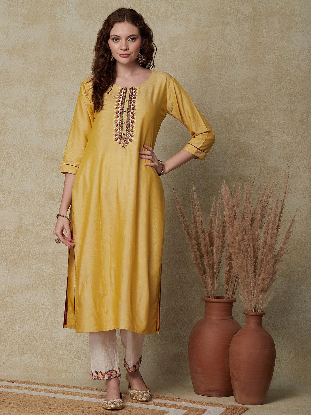 Solid Resham, Cutdana & Pearl Embroidered Kurta - Yellow