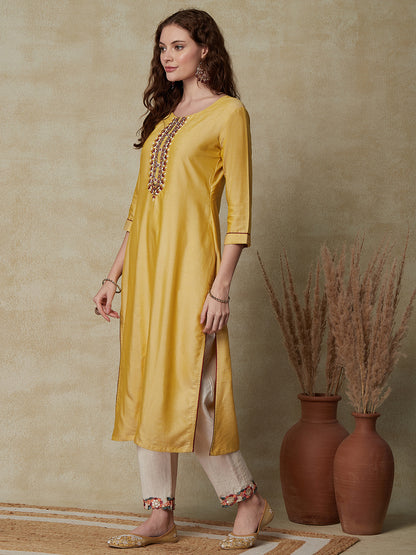 Solid Resham, Cutdana & Pearl Embroidered Kurta - Yellow