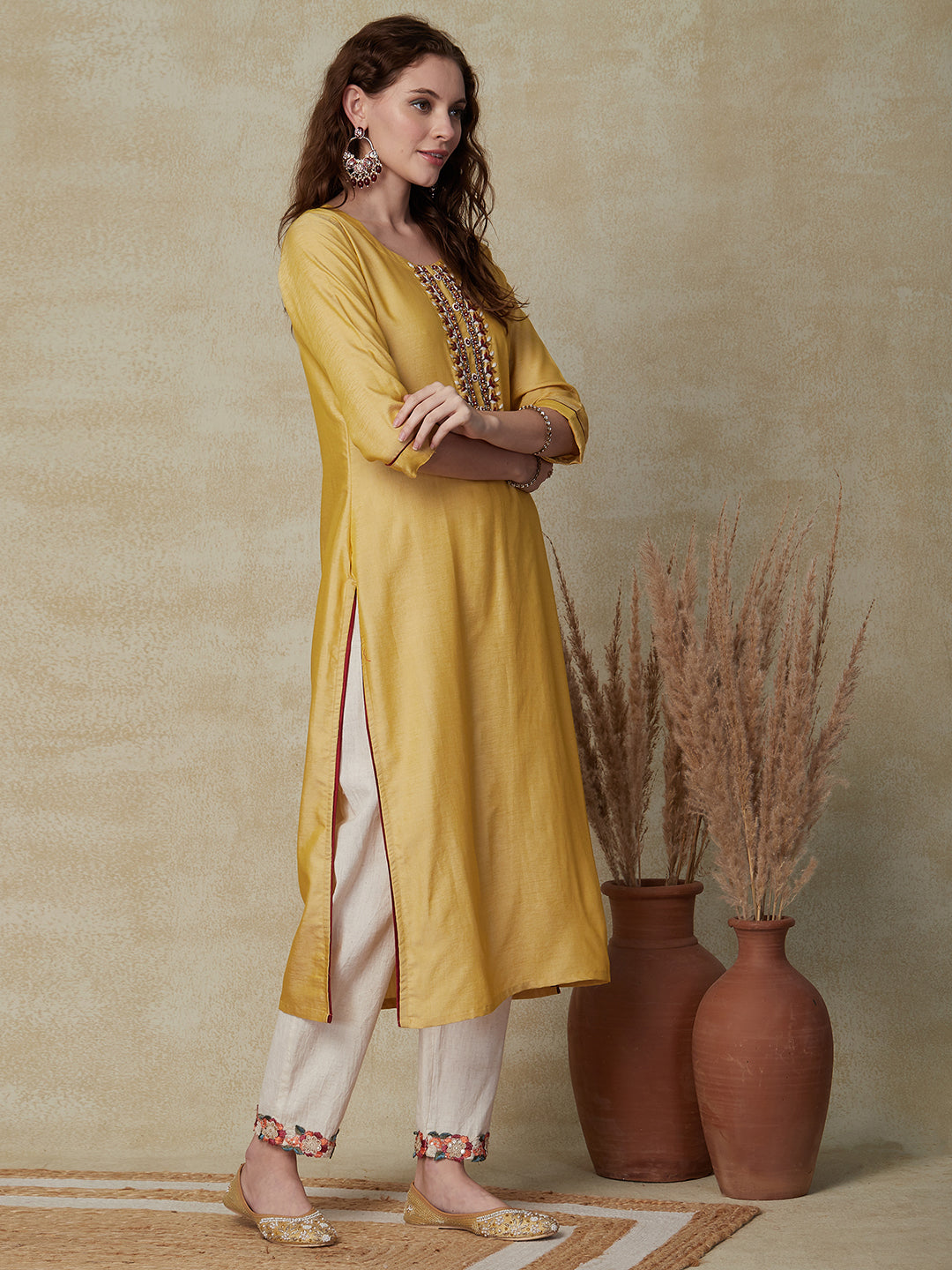 Solid Resham, Cutdana & Pearl Embroidered Kurta - Yellow