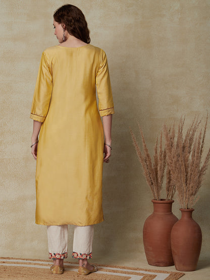 Solid Resham, Cutdana & Pearl Embroidered Kurta - Yellow