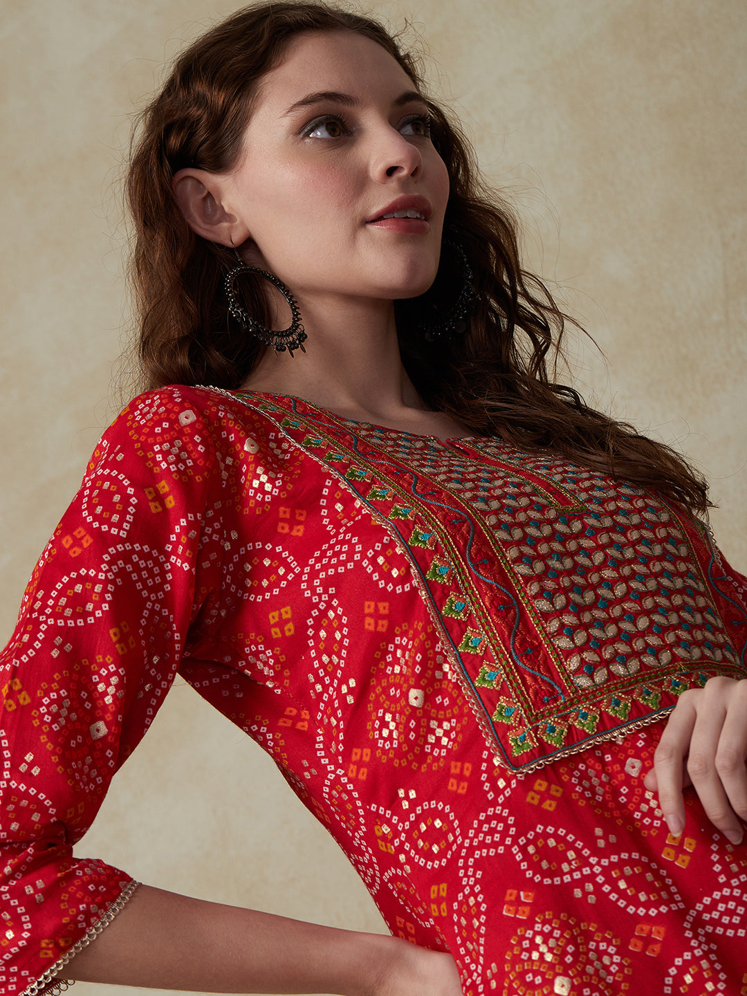 Ethnic Bandhani Printed Resham & Zari Embroidered Kurta - Red