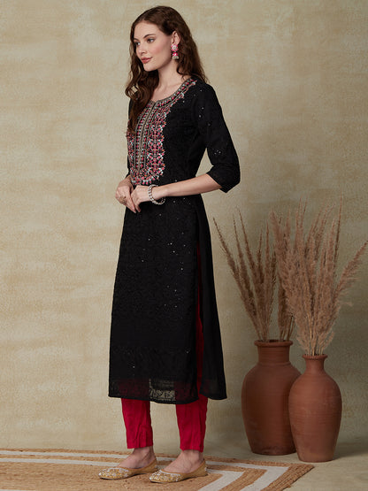 Solid Resham, Sequins, Zari & Mirror Embroidered Kurta - Black