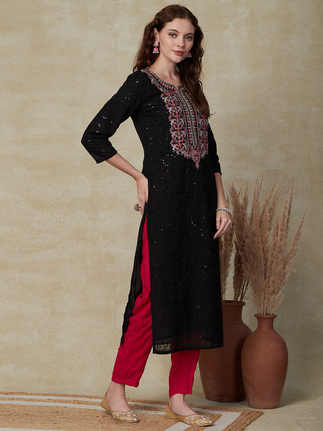 Solid Resham, Sequins, Zari & Mirror Embroidered Kurta - Black