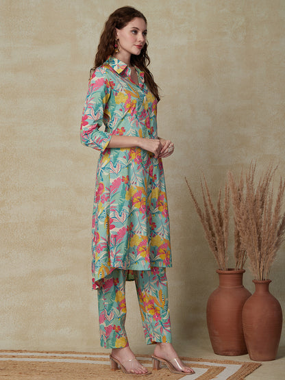 Floral Printed Wooden Buttoned Paneled A-line High-Low Hem Kurta with Pants - Multi