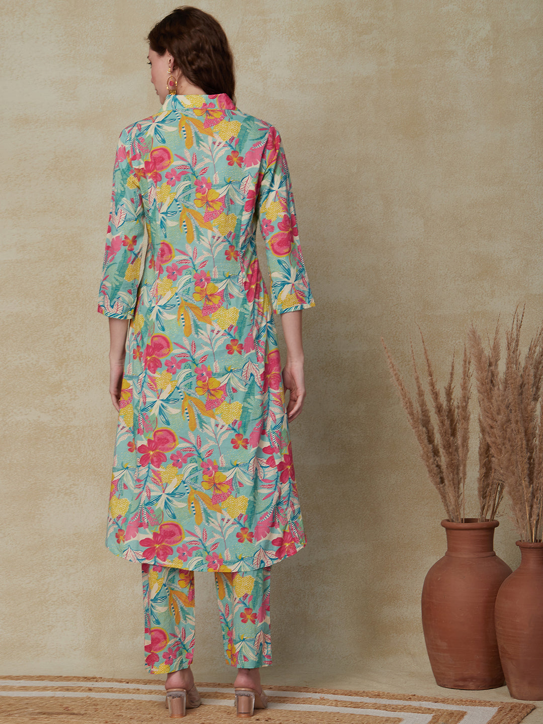 Floral Printed Wooden Buttoned Paneled A-line High-Low Hem Kurta with Pants - Multi