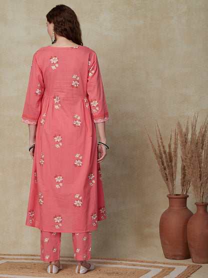 Ethnic Floral Foil Printed A-Line Pleated Kurta with Pant - Pink