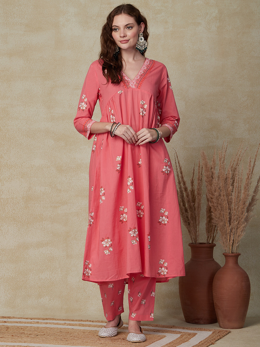 Ethnic Floral Foil Printed A-Line Pleated Kurta with Pant - Pink