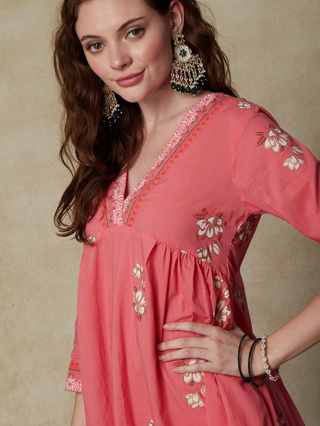 Ethnic Floral Foil Printed A-Line Pleated Kurta with Pant - Pink