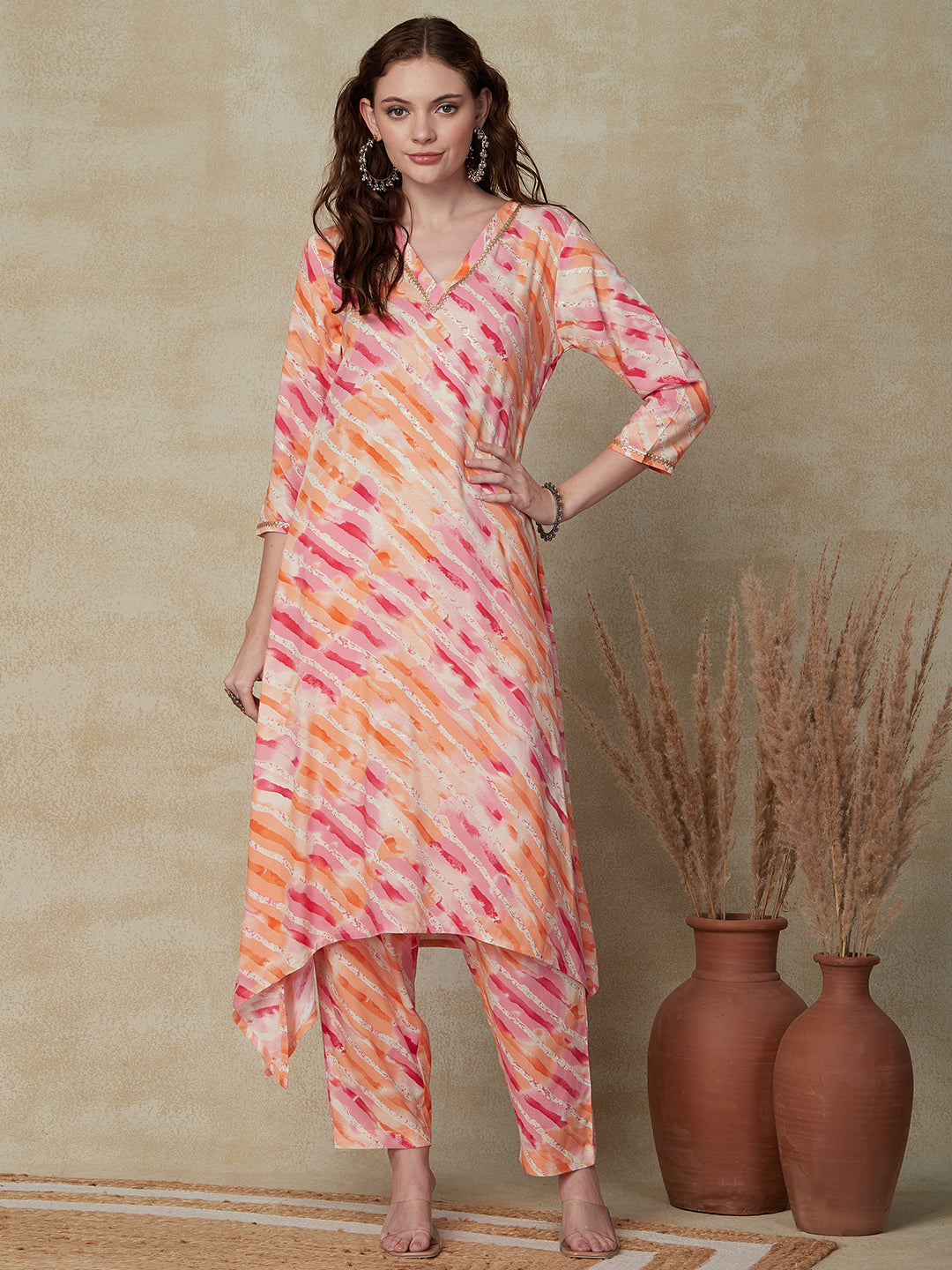 Ethnic Foil Stripes Printed High Low Kurta with Pant - Peach