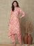 Ethnic Foil Stripes Printed High Low Kurta with Pant - Peach