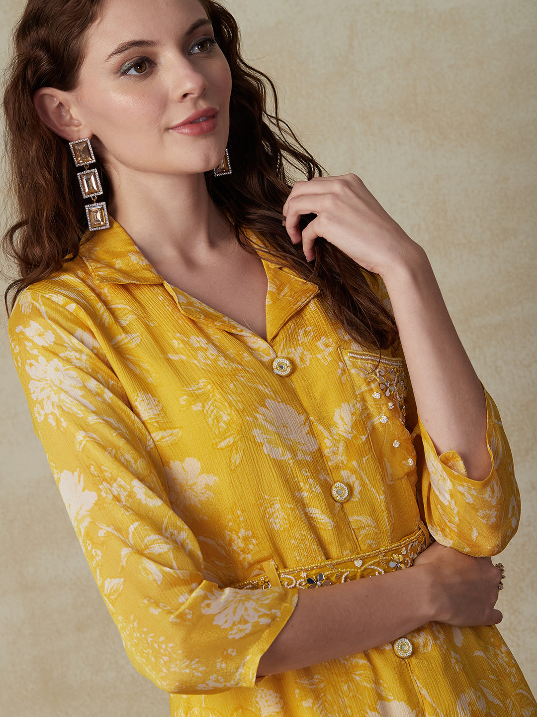 Floral Printed & Embroidered A-Line Kurta with Palazzo - Yellow