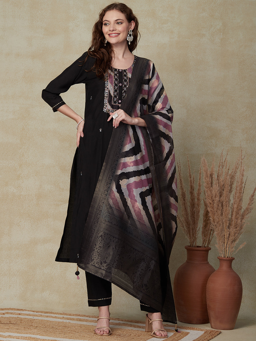 Solid Mirror Embroidered Kurta with Pants & Woven Zari Jacquard Dupatta - Black