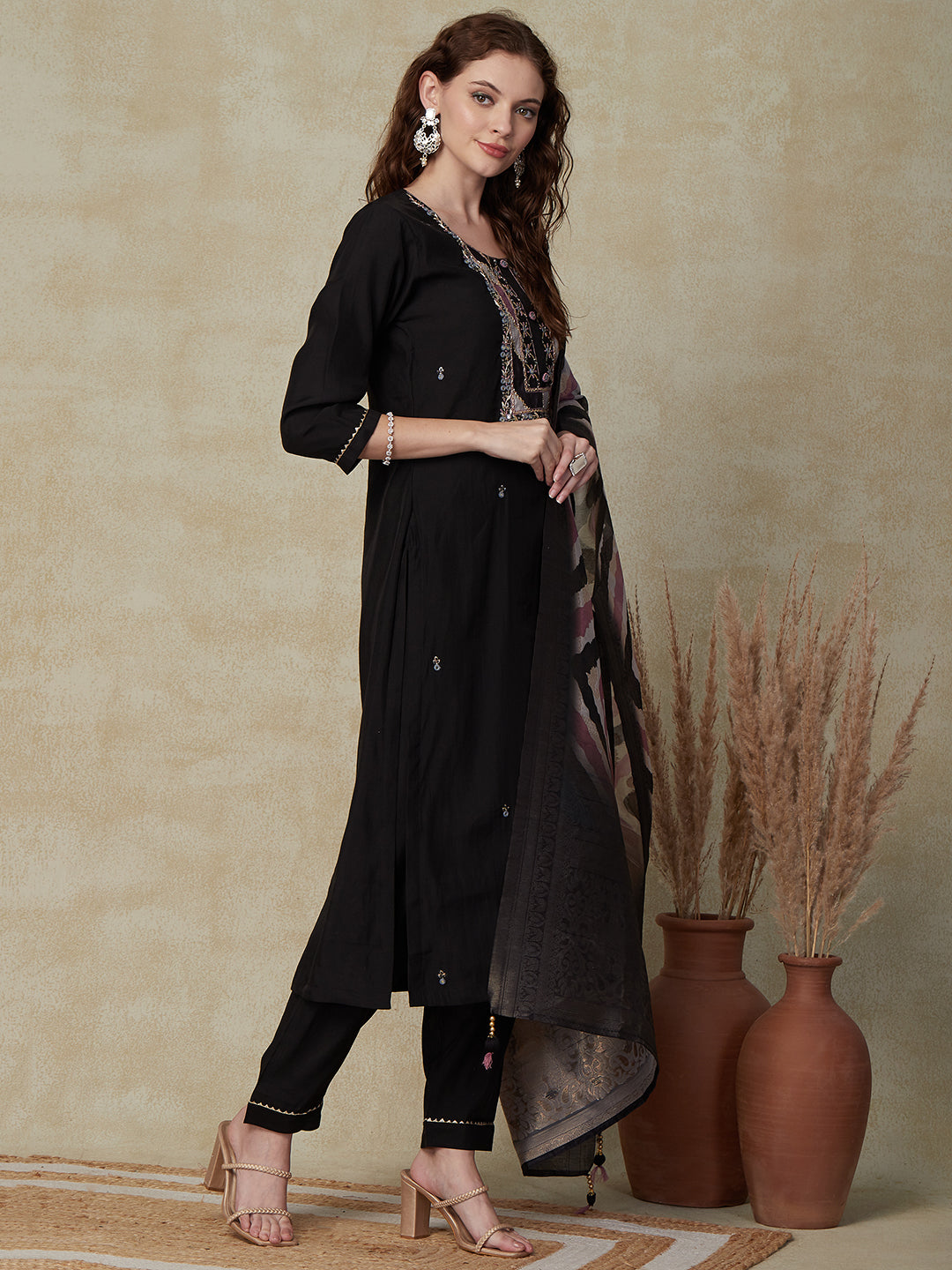 Solid Mirror Embroidered Kurta with Pants & Woven Zari Jacquard Dupatta - Black