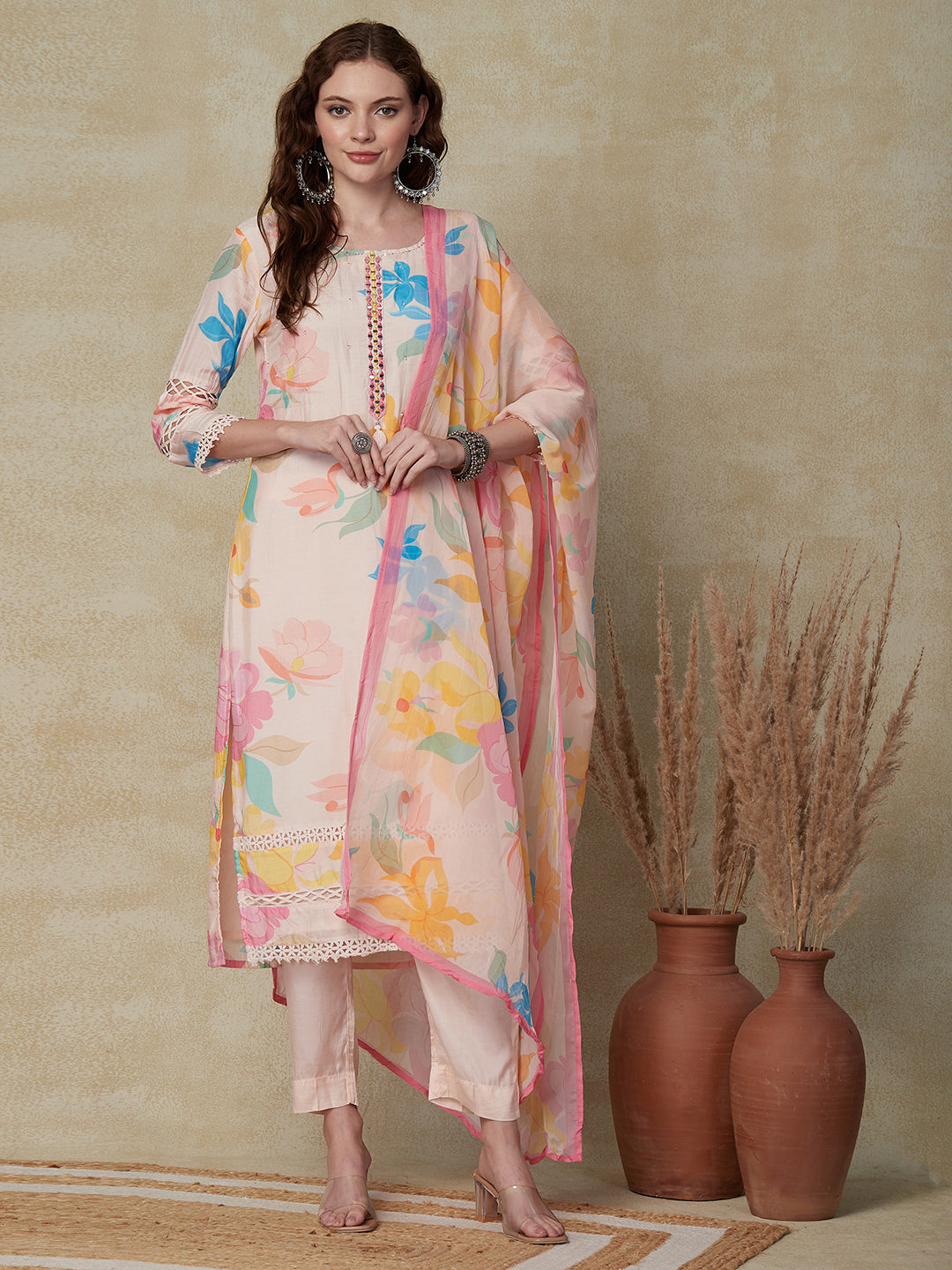 Floral Printed Mirror & Pearl Embroidered Kurta with Pants & Dupatta - Pastel Pink