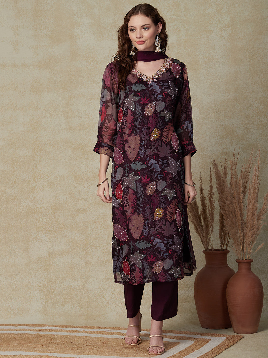 Floral Printed Mirror & Sequins Embroidered Kurta with Pants & Dupatta - Mauve