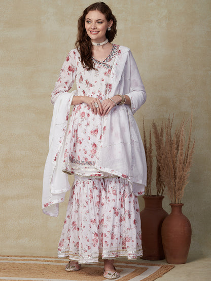 Floral Foil Printed & Embroidered A-Line Kurta with Sharara & Dupatta - White