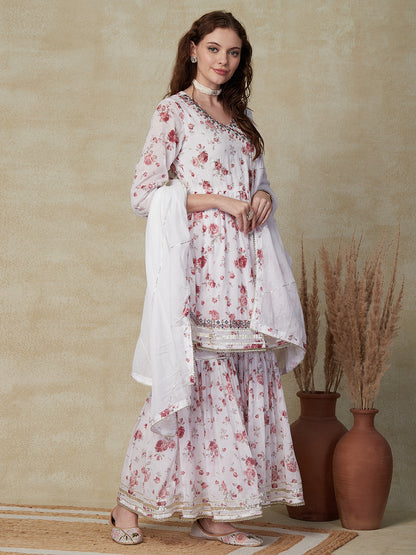 Floral Foil Printed & Embroidered A-Line Kurta with Sharara & Dupatta - White
