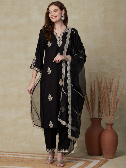 Solid Mirror & Zari Dori Embroidered Kurta with Pants & Embroidered Dupatta - Black