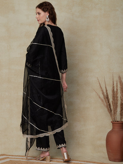 Solid Mirror & Zari Dori Embroidered Kurta with Pants & Embroidered Dupatta - Black