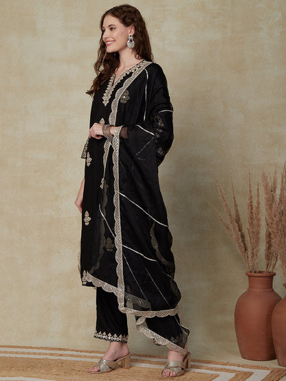 Solid Mirror & Zari Dori Embroidered Kurta with Pants & Embroidered Dupatta - Black