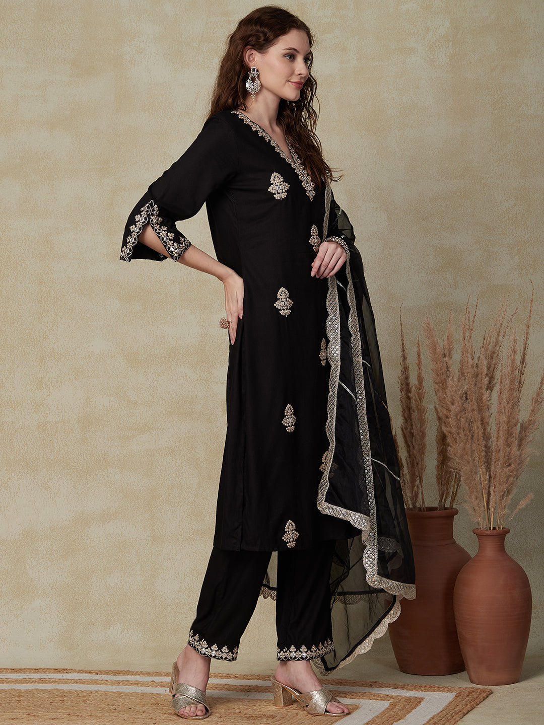 Solid Mirror & Zari Dori Embroidered Kurta with Pants & Embroidered Dupatta - Black