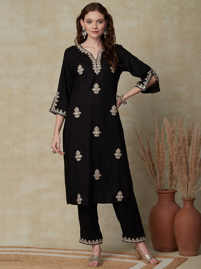 Solid Mirror & Zari Dori Embroidered Kurta with Pants & Embroidered Dupatta - Black