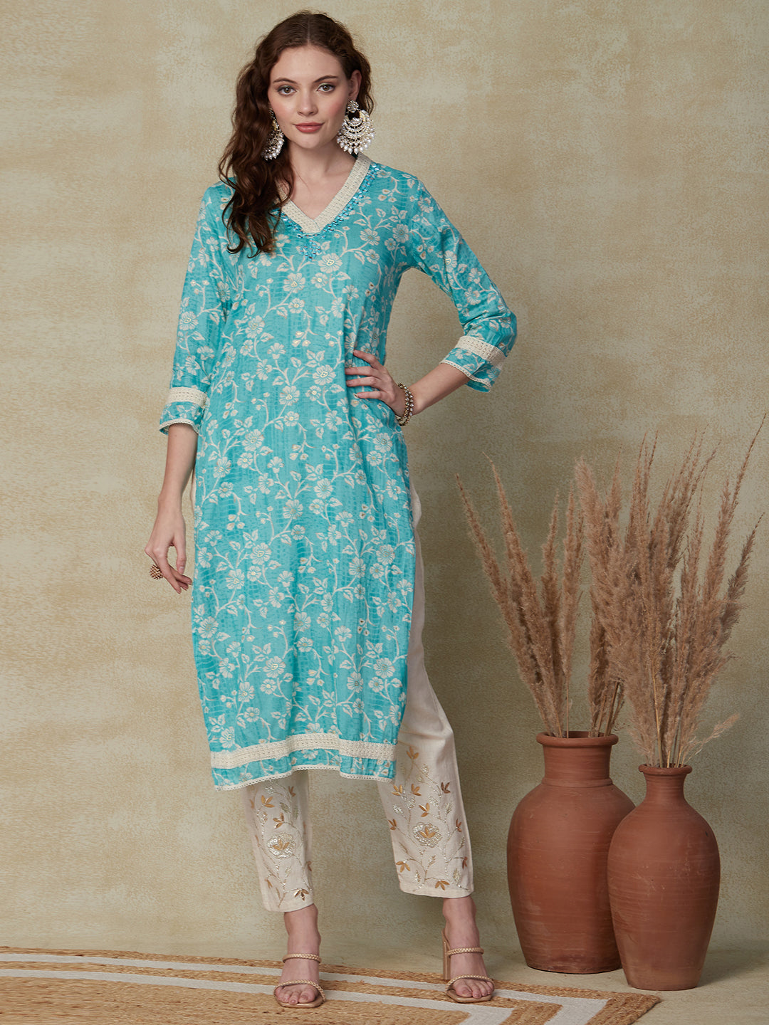 Floral Printed Mirror Embroidered Crochet lace Work Kurta - Blue