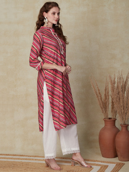 Lehriya Printed Lace Embellished Kurta - Pink