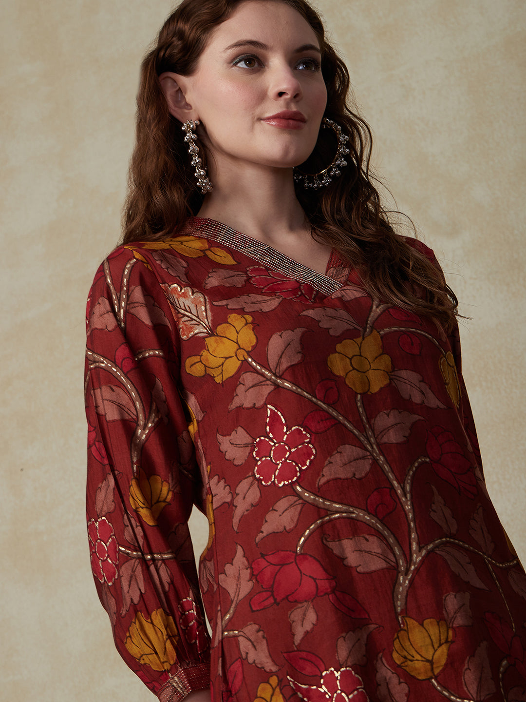 Floral Foil Printed Zari Top Stitched Puff Sleeves Kurta - Maroon