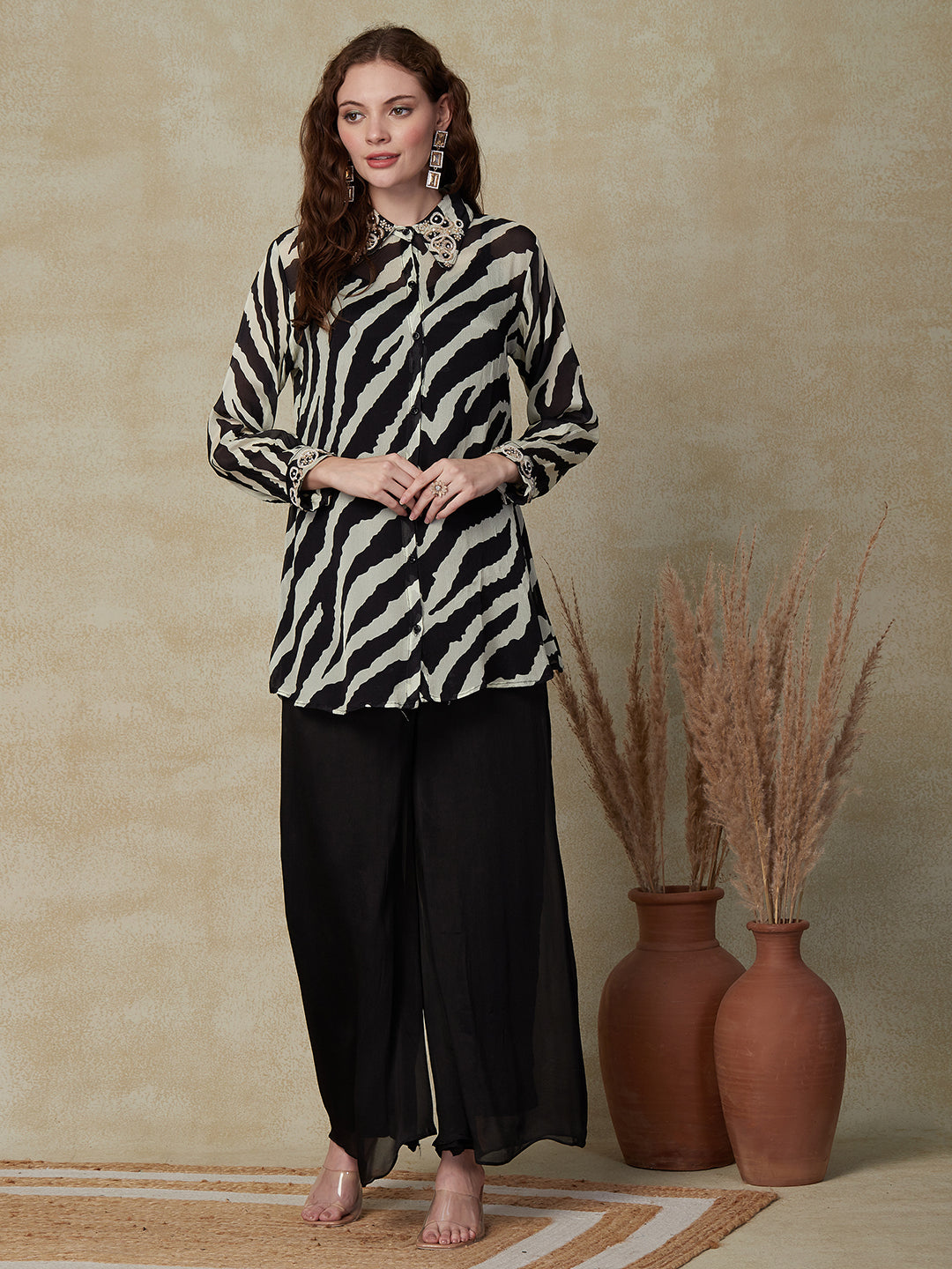 Abstract Printed Stone & Beads Embroidered Shirt with Inner & Palazzo - Black