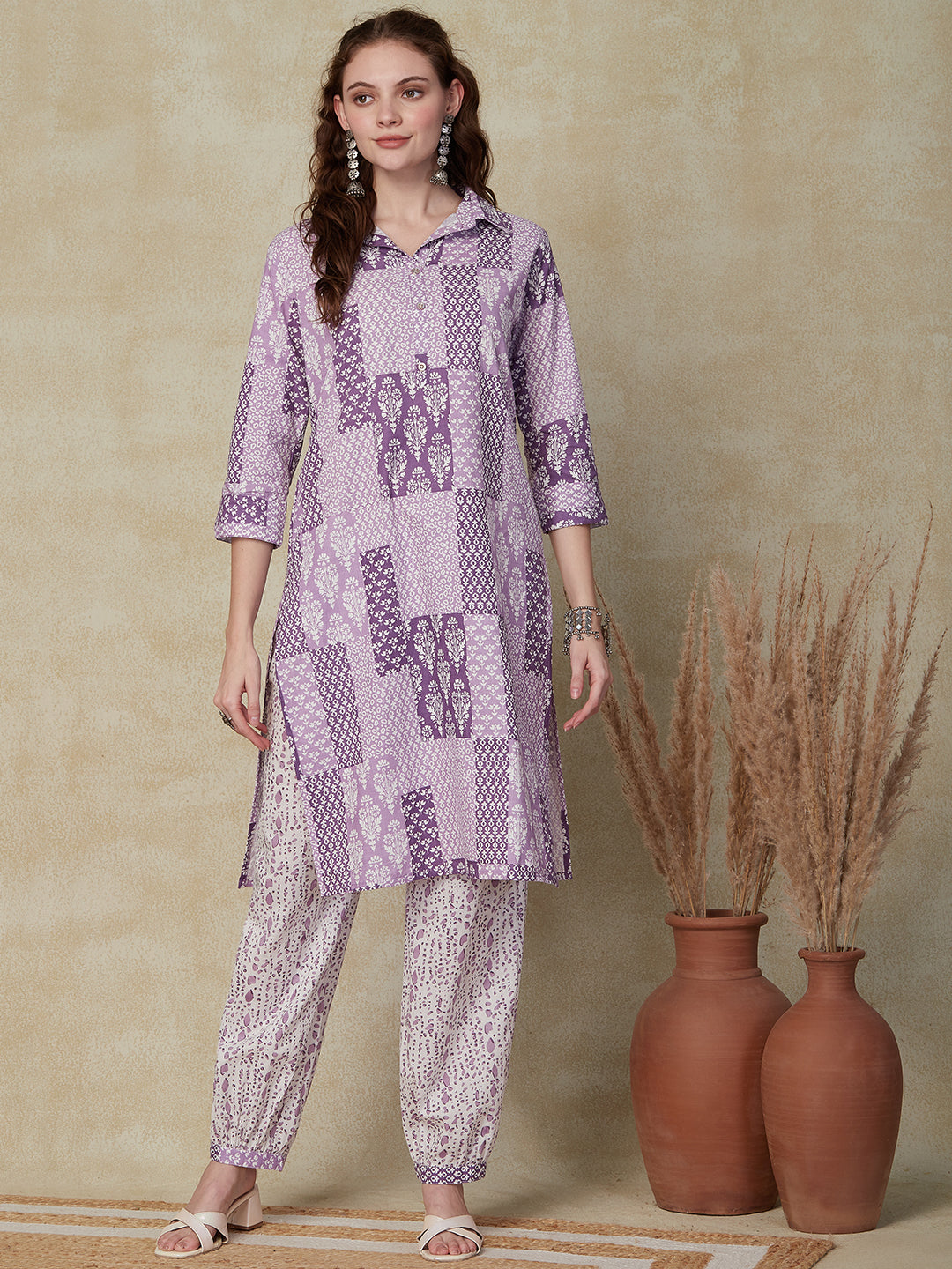 Floral & Ethnic Printed Kurta with Pants Set - Purple