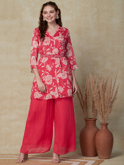 Floral Printed Mirror & Zardozi Embroidered Shirt with Palazzo Indo-Western Set - Pink
