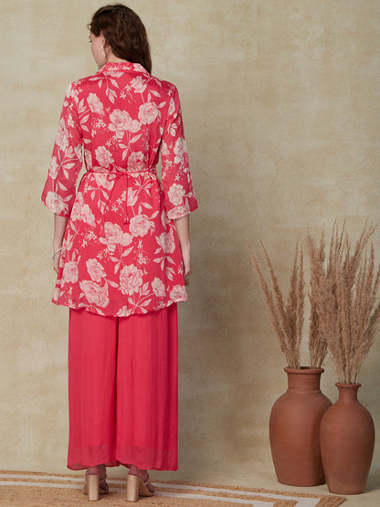 Floral Printed Mirror & Zardozi Embroidered Shirt with Palazzo Indo-Western Set - Pink