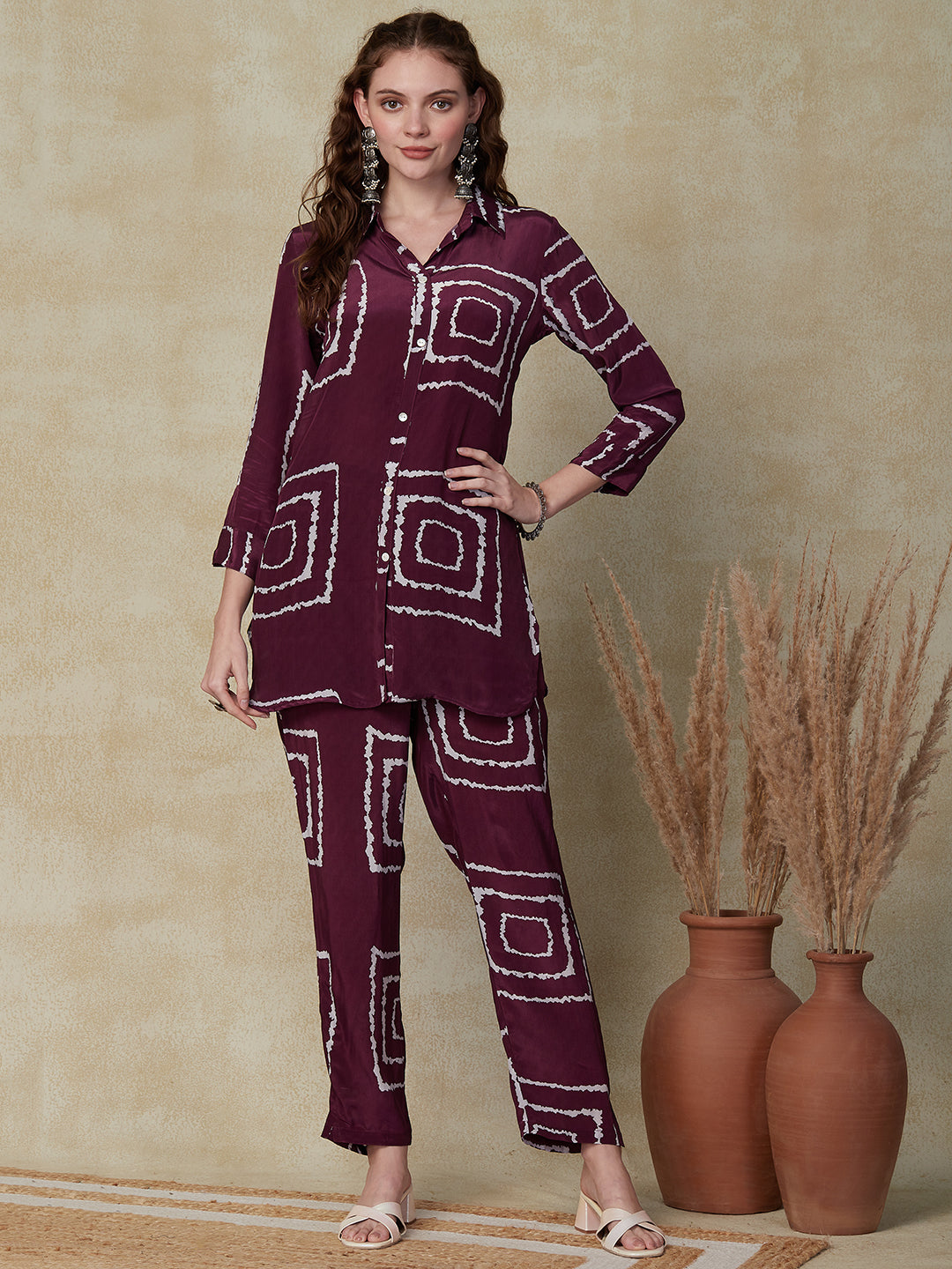 Abstract Printed Mother-of-Pearl Buttoned Shirt With Pants Indo-Western Co-ord Set - Mauve