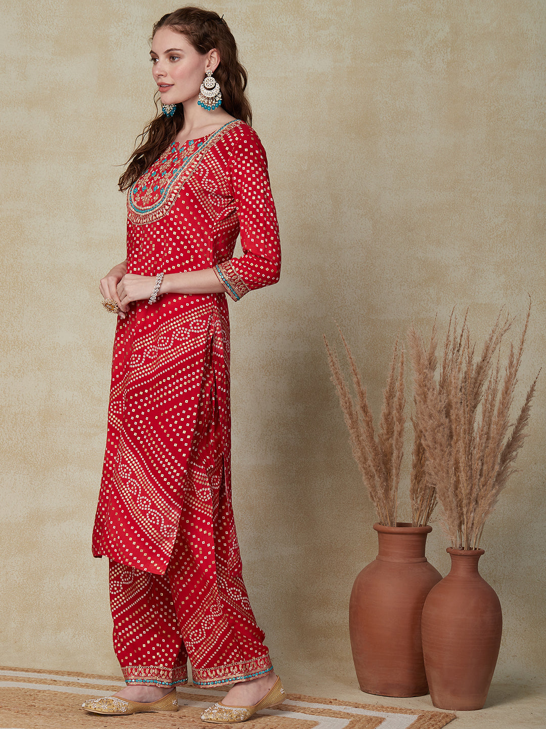 Ethnic Printed Mirror, Resham & Zari Embroidered Kurta with Pants - Red