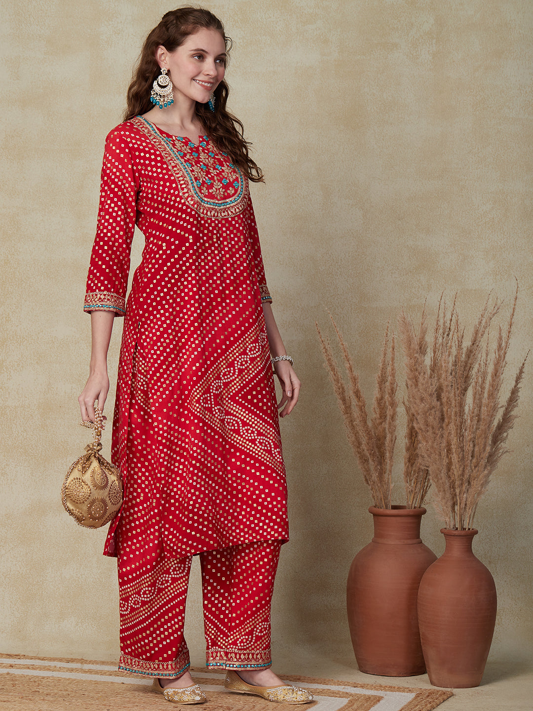 Ethnic Printed Mirror, Resham & Zari Embroidered Kurta with Pants - Red