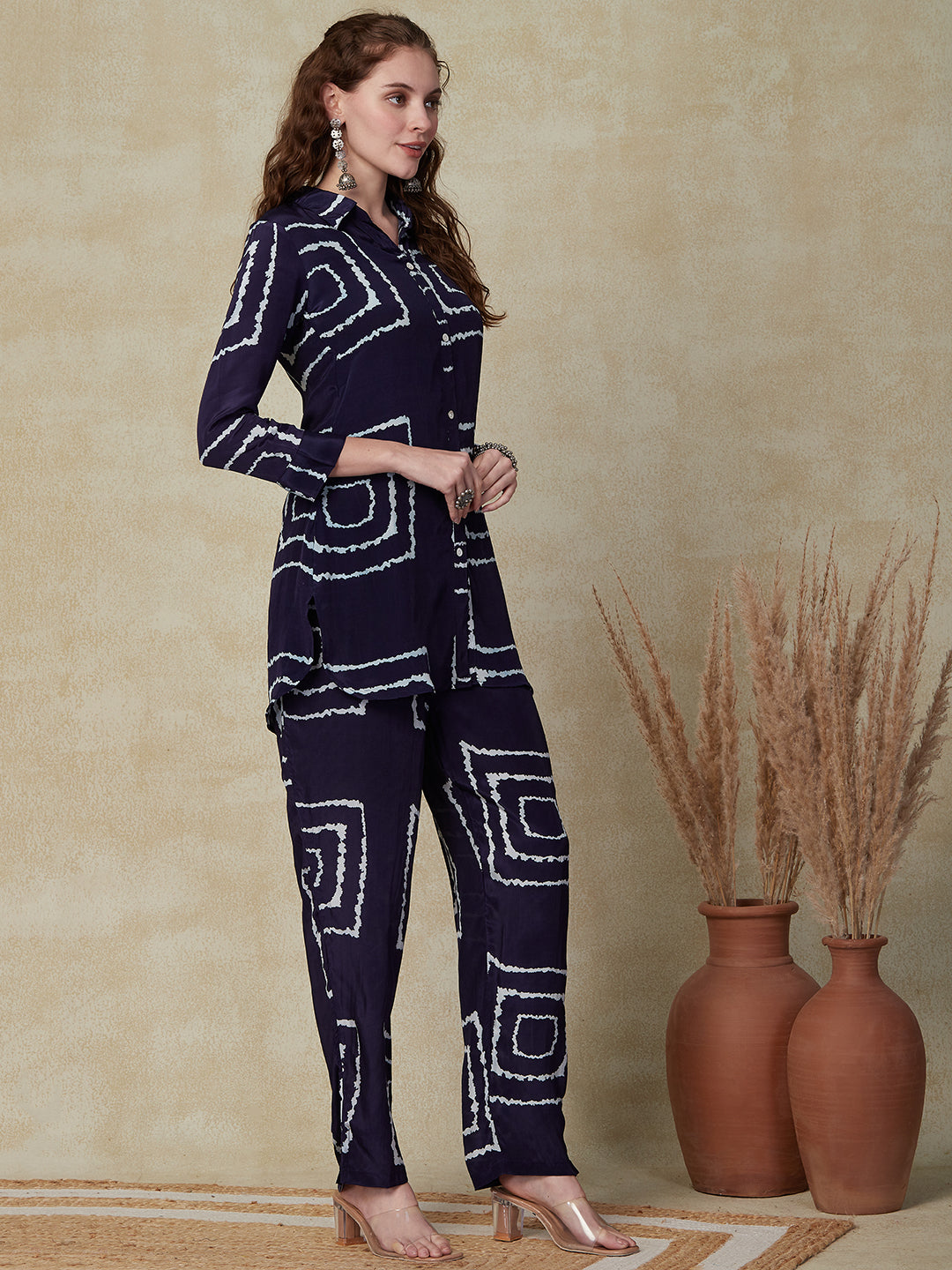 Abstract Printed Mother-of-Pearl Buttoned Shirt With Pants Indo-Western Co-ord Set - Blue