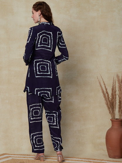 Abstract Printed Mother-of-Pearl Buttoned Shirt With Pants Indo-Western Co-ord Set - Blue